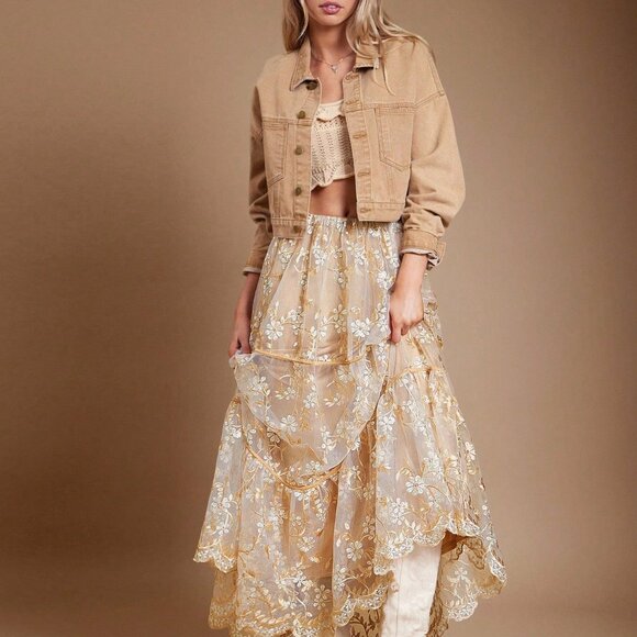 White Boho Women's Embroidered Floral Mesh Drawstring Tiered Flowy Maxi Skirt - Picture 3 of 7